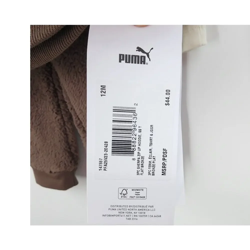 New NWT Puma Baby 3-Piece Sherpa Zip Up Hoodie Set‎ Chocolate Brown 12 Months - Picture 6 of 6